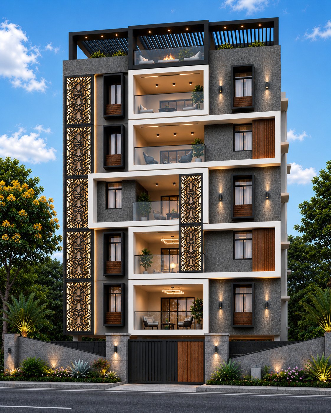The Vaibhavam Enclave — dusk exterior view